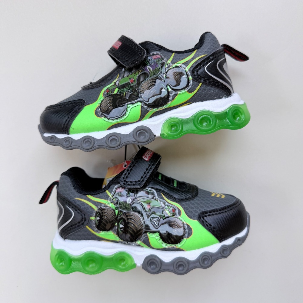 Monster Jam Grave Digger Light Up Sneakers Toddler Boys Size 5 Black Green Flame